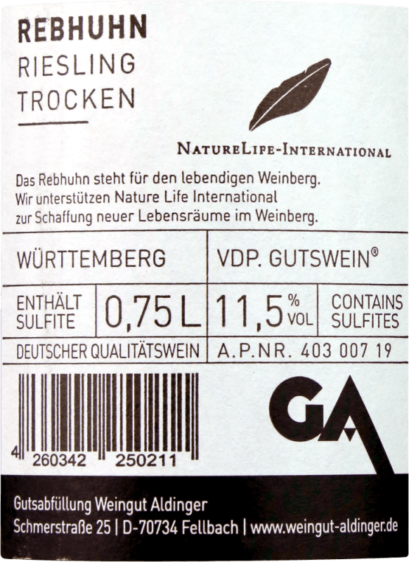 vinello Rebhuhn Riesling trocken - Aldinger Jubiläumsangebot