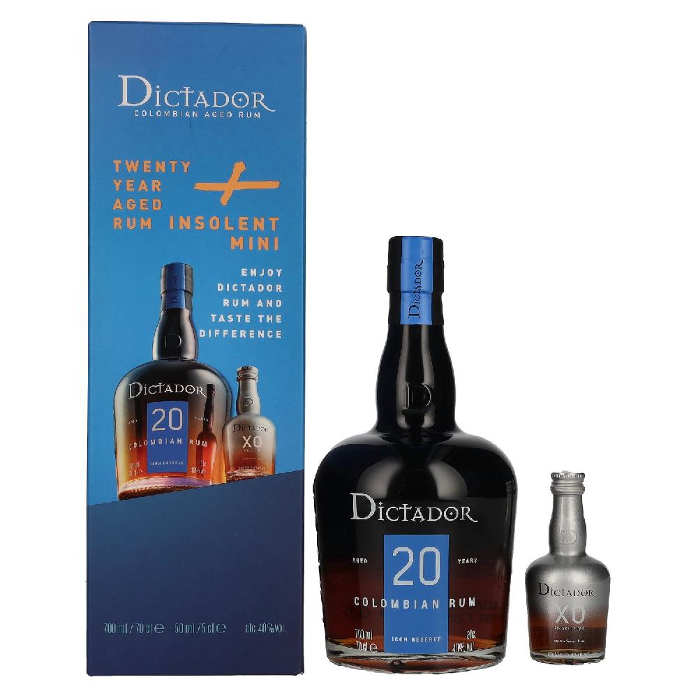 delicando Dictador 20 Years Old ICON RESERVE Colombian Rum 40% Vol. 0 7l in Geschenkbox mit Dictador XO Insolent Miniatur 0 05l Muttertagsangebot